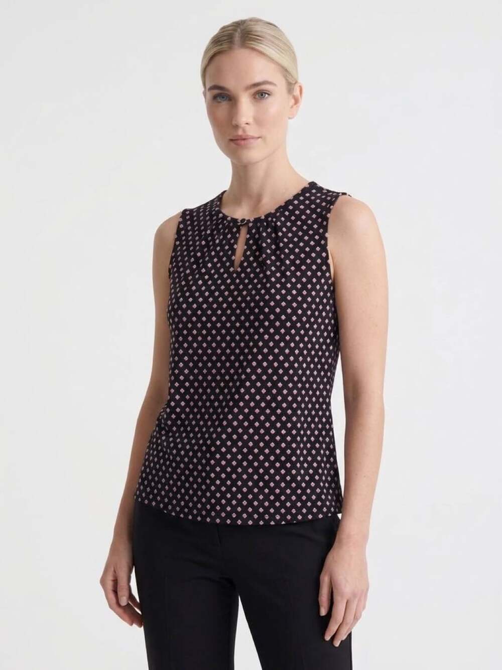 Liz Claiborne Career Tank Top Size LT Black Geometric Keyhole